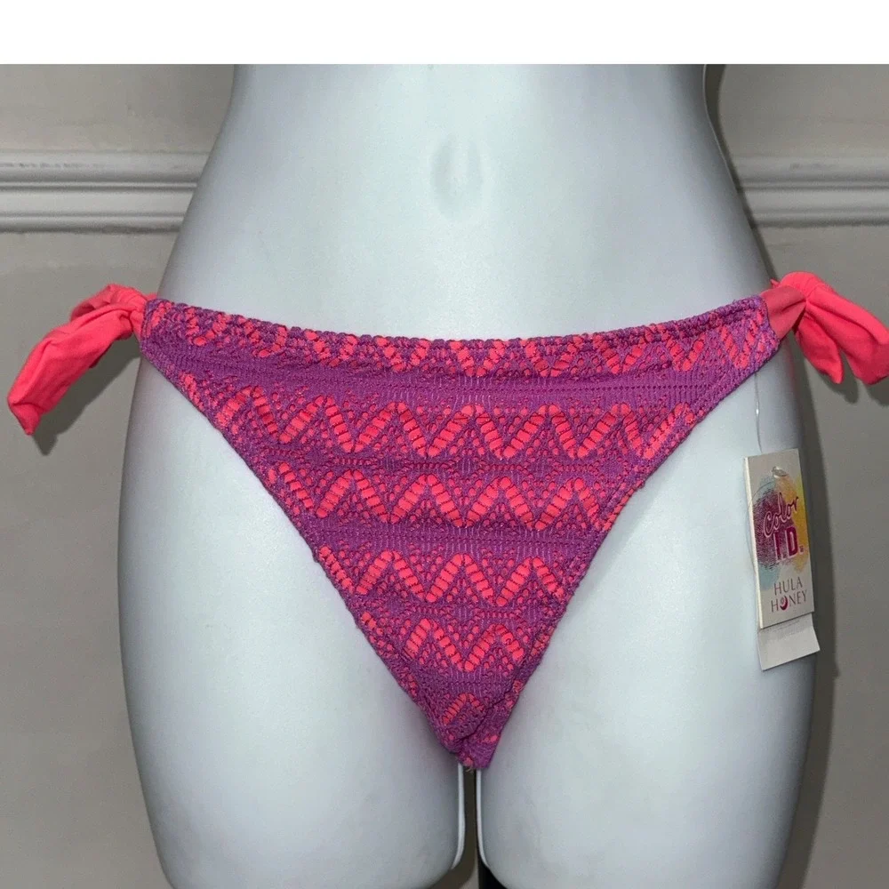 Hula‎ Honey Color ID Crochet Bikini Bottom Purple Coral Pink Side Tie NWT Size M